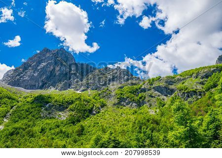 Picturesque Snow-capped Peaks Of High Mountains.