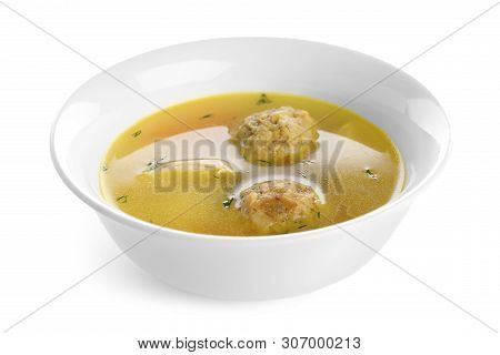 Bowl Of Jewish Matzoh Balls Soup Isolated On White