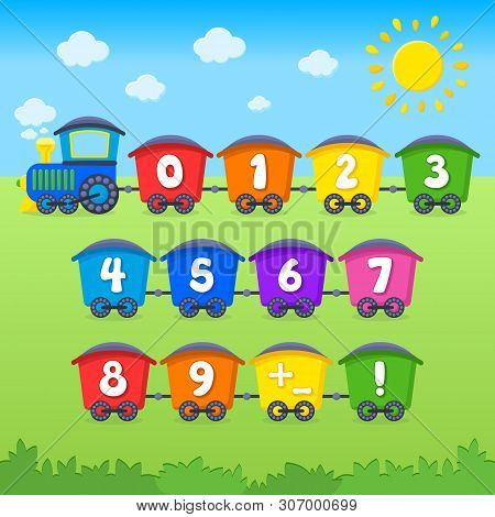 Cartoon Vector Numbers. Train. Education. Sun And Sky