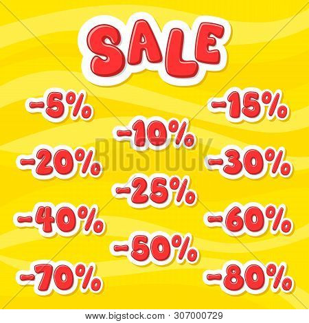 Vector Illustration Alphabet. Cartoon Letters. Sale. Yellow Background.