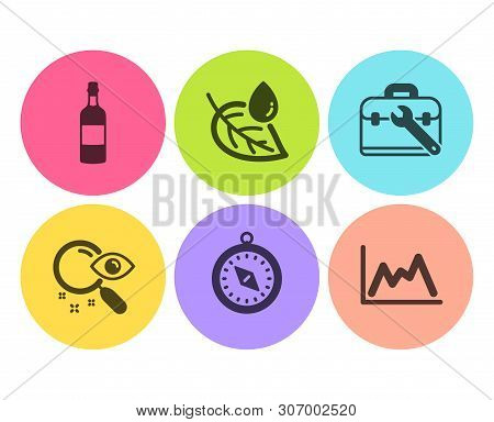Travel Compass, Search And Leaf Dew Icons Simple Set. Tool Case, Brandy Bottle And Diagram Signs. Tr
