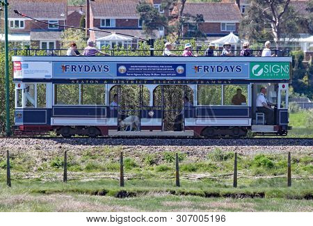 Seaton, Devon, England - May 22nd 2012: A Blue Tram Travels Along The Seaton Tramway On Its Way To C