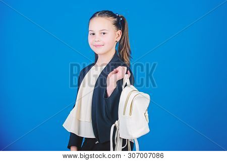 Shopping Time. Cute Child Holding Bag On Blue Background. Little Girl Going Shopping With Daypack Ba