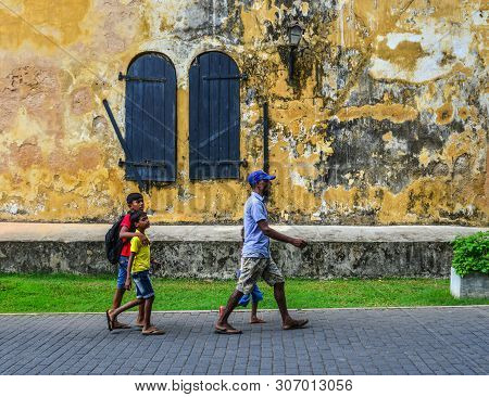 Galle, Sri Lanka - Dec 21, 2018. People Walking On Street At Old Colonial Fort Galle In Sri Lanka. G