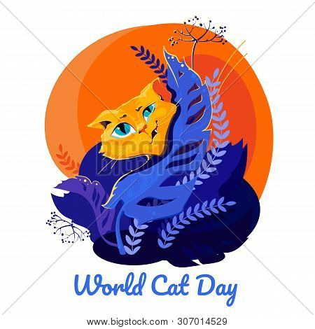 World Cat Day Vector Illustration With Reckles Red Can In Bushes For Web And Printing.