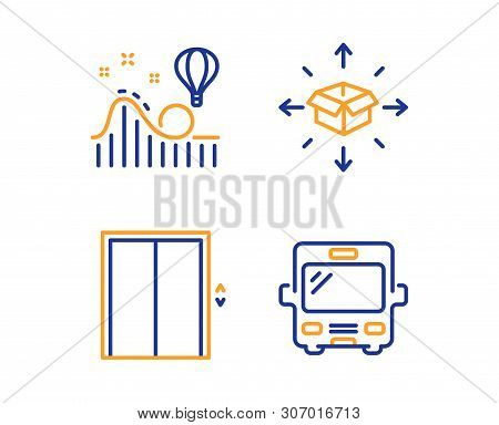Parcel Delivery, Roller Coaster And Lift Icons Simple Set. Bus Sign. Logistics Service, Attraction P