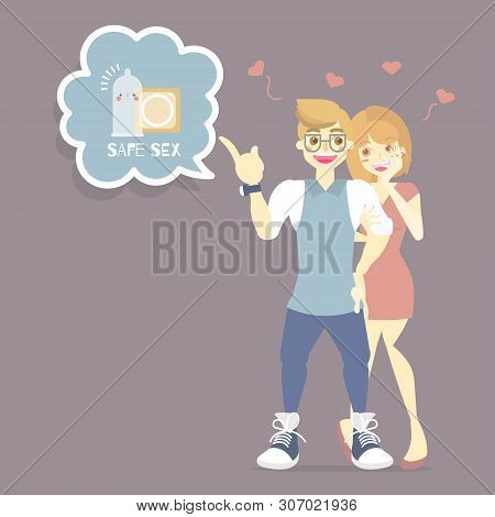 Couple Lover, Man And Woman With Cute Condom, Prevention Of Hiv, Aids, Sexually Transmitted Diseases