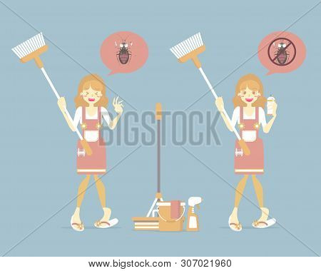 Female Housekeeper Cleaner Woman Holding Broom, Cleaning House With Mop, Bucket, Spray, Cockroach, P