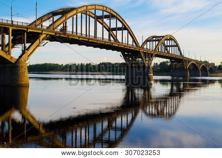 Bridge over Volga in Rybinsk, Russia at sunrise