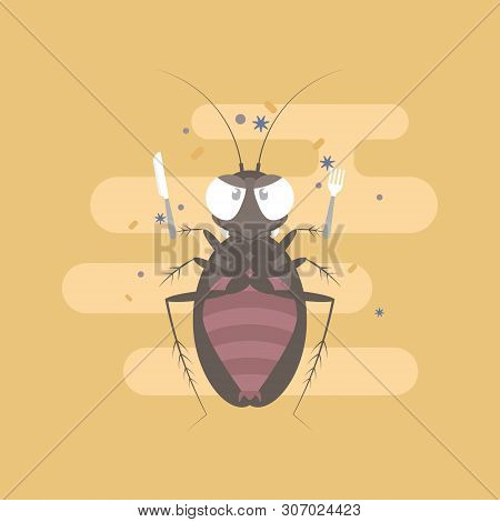 Cockroach Holding Fork And Knife, Pest Control Concept, Flat Character Design Clip Art Vector Illust