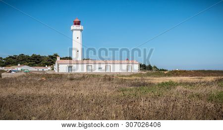 Port Joinville, France - September 17, 2018 - Architectural Detail Of The Corbeaux Marine Lighthouse