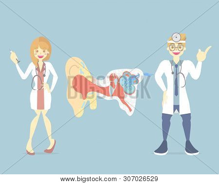 Male And Female Doctor With Ear, Internal Organs Anatomy Body Part Nervous System, Vector Illustrati