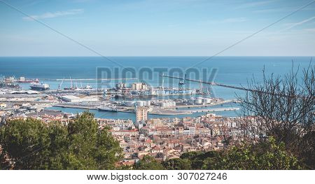 Sete, France - January 4, 2019: Aerial View Of The Industrial Area In The Commercial Port On A Winte
