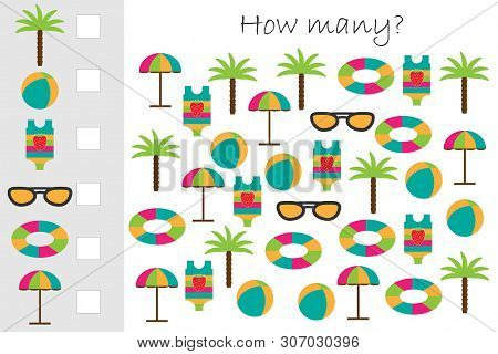 How Many Counting Game With Summer Beach Picture For Kids, Educational Maths Task For The Developmen