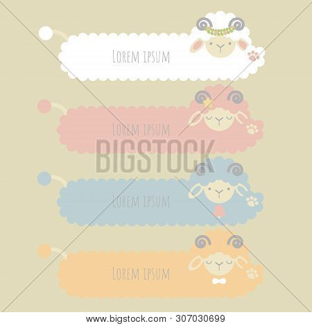 Set Of Cute Animal Pet Farm Sheep, Lamb,  Pastel Color Text Box, Banner, Speech Bubble Balloon, Thin