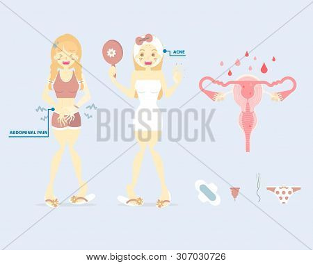 Woman Having Premenstrual Syndrome With Tampon, Menstrual Cup, Sanitary Napkin, Pad, Period Cramps, 