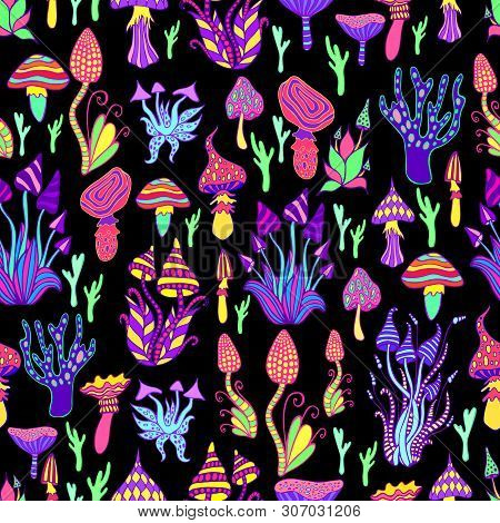 Bright, Hallucinogenic, Decorative, Fantastic Mushrooms, Rainbow Colors, Each Mushroom Has Its Own P