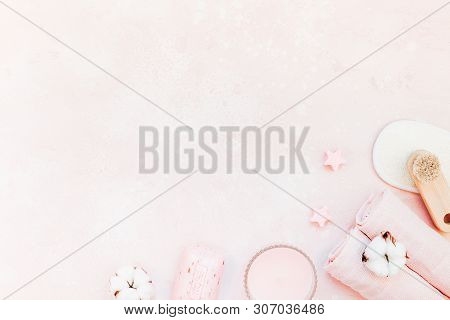 Spa, Beauty Cosmetics And Body Care Treatment Concept With Copy Space. Creative Top View Flat Lay Co