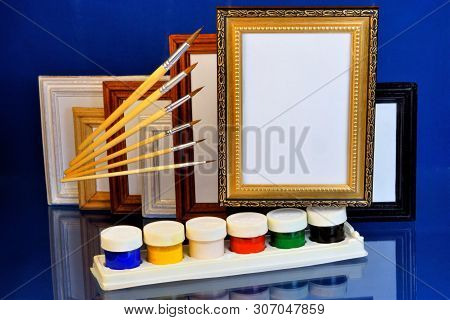 Frames For Paintings Or Important Text, Colorful Gouache And Many Different Art Brushes, Background 