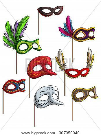 Cartoon Colorful Carnival Or Venetian Face Mask On Stick With Feathers. Isolated On White Background
