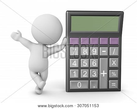 3D Character Leaning On Pocket Calculator