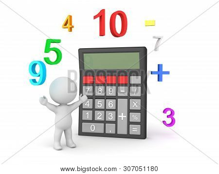 Happy 3D Character Next To Pocket Calculator With Numbers