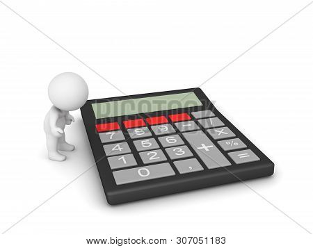3D Character Looking Down At Big Calculator