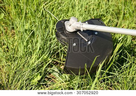 Trimmer Mows Grown Grass On The Lawn Forming A Circle. Trimmer Close Up Mow The Grass With A Lawnmow