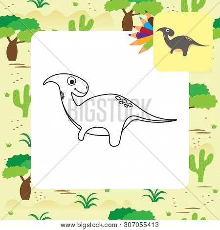 Cute Cartoon Dino Coloring Page. Vector Illustration