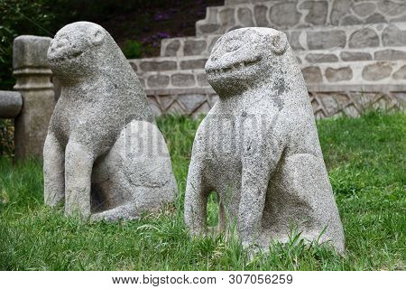Ancient Stone Lion Sculpture Near Tomb Of King Wanggon The Founder Of The Koryo Dynasty. Constructio