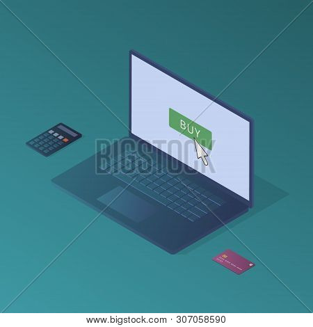 Isometric Workplace Illustration With Laptop, Calculator, And Credit Card For Online Shopping