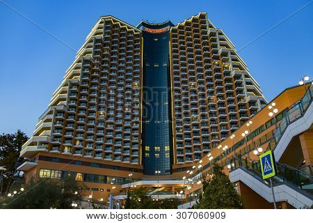 Russia, Sochi, May 25, 2018: 27 Floor Modern Hotel Dagomys Effective Spa Treatment With Evening Illu