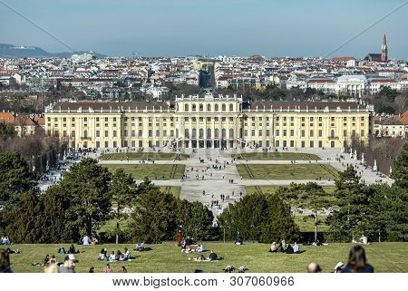 Viena, Austria - March 18, 2019: A Schonbrunn Palace Landscape, Wide View From The Hill