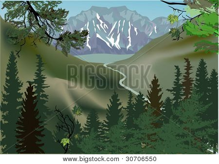 illustration med ström i skog nära bergen