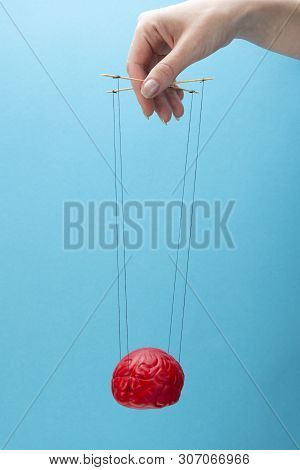 A Red Brain On A Blue Background, A Hand That Manipulates The Mind Like A Puppet. Brain Control Conc