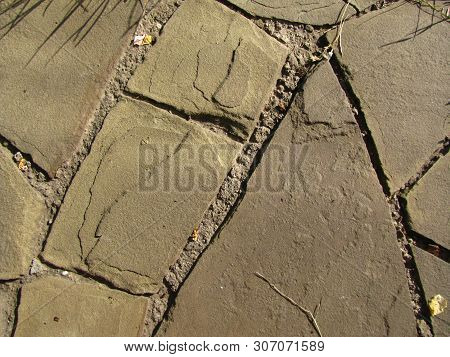 Top View Of Paved Flagstone For Background. Closeup.