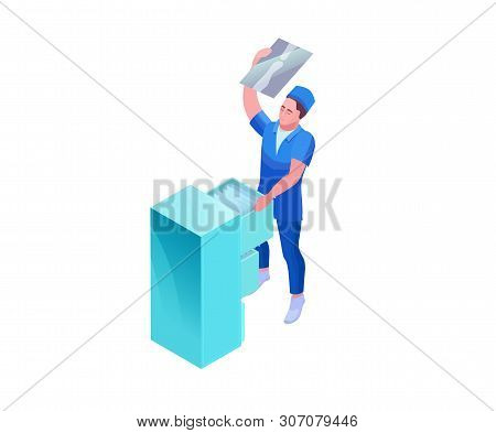 Doctor Watching Radiograph, 3d Isometric Illustration With Medical Specialist And X-ray Radiogram, I