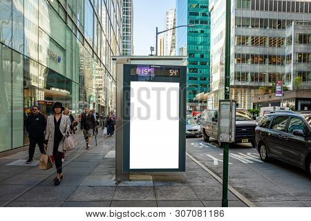 Blank Billboard At Bus Stop For Advertising, New York City Buildings And Street Background