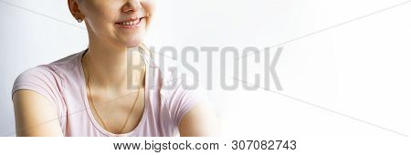 Red Bubbles Of Virus Herpes On Lips Of A Woman In Light Pink T-shirt, Lower Part Face Is Seen, Lady 
