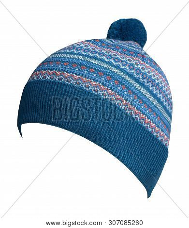 Knitted Blue Hat Isolated On White Background.hat With Pompon Front Side View .