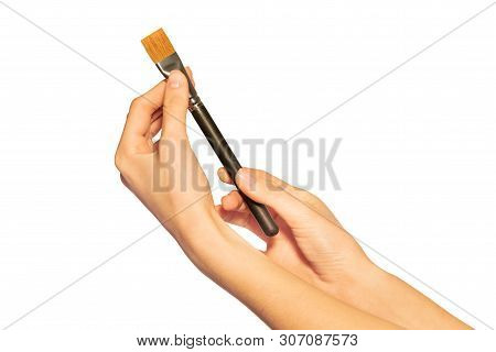 Make-up Artist Hands Holding Shader Brush On White