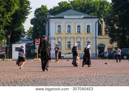Sergiev Posad, Russia - June, 8, 2019: square infront of Troitse-sergiyevsky Lavra (monastery) in Sergiev Posad, Russia