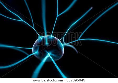 Abstract Science Background And Object, Electric Lighting Sphere Ball. Lightning And Bright Light In