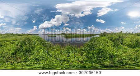 Full Seamless Spherical Hdri Panorama 360 Degrees Angle View On Grass Coast Of Huge Lake Or River In