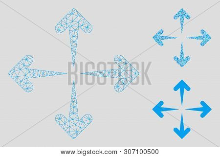 Mesh Expand Arrows Model With Triangle Mosaic Icon. Wire Frame Triangular Mesh Of Expand Arrows. Vec