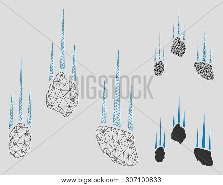 Mesh Falling Rocks Model With Triangle Mosaic Icon. Wire Carcass Triangular Mesh Of Falling Rocks. V