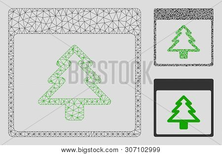 Mesh Fir Tree Calendar Page Model With Triangle Mosaic Icon. Wire Frame Triangular Mesh Of Fir Tree 