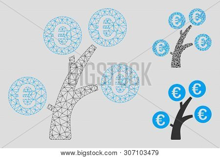 Mesh Euro Money Tree Model With Triangle Mosaic Icon. Wire Frame Polygonal Mesh Of Euro Money Tree. 