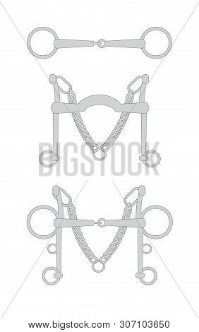 Vector Flat Cartoon Set Collection Of Horse Equestrian Bit Snaffle Isolated On White Background