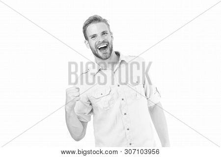 Guy Happy Find Solution. Achieve Success. Man With Beard Happy About Solution. Celebrate Good Result
